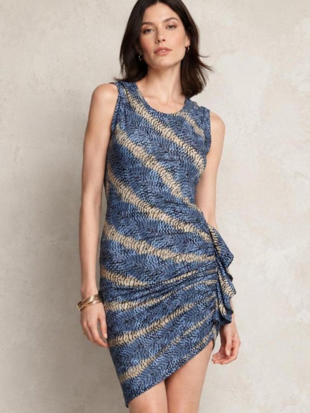 BCBGMAXAZRIA Sarafina Blue and Tan Asymmetrical Dress